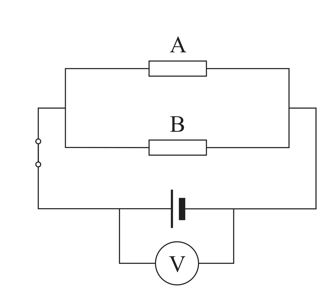 Figura 5: circuito elétrico com um gerador em série com um voltímetro ligado aos seus terminais, e com os condutores A e B ligados em paralelo entre si