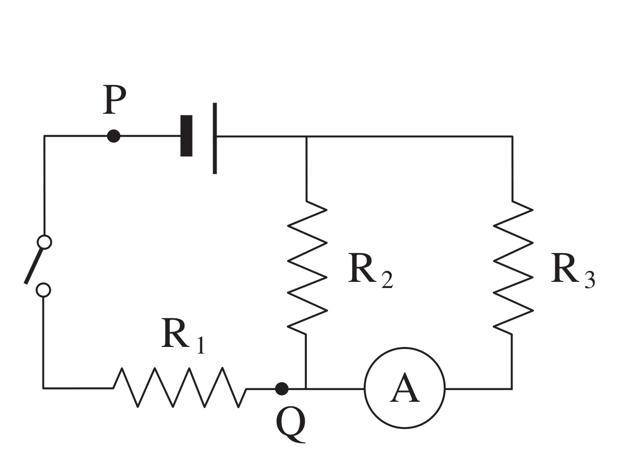 Figura 7: circuito com a pilha e o interruptor em série no ramo com o ponto P e o condutor R1 até ao ponto Q, de onde partem em paralelo os ramos com R2 e com R3, reunindo-se num amperímetro A antes de fechar o circuito