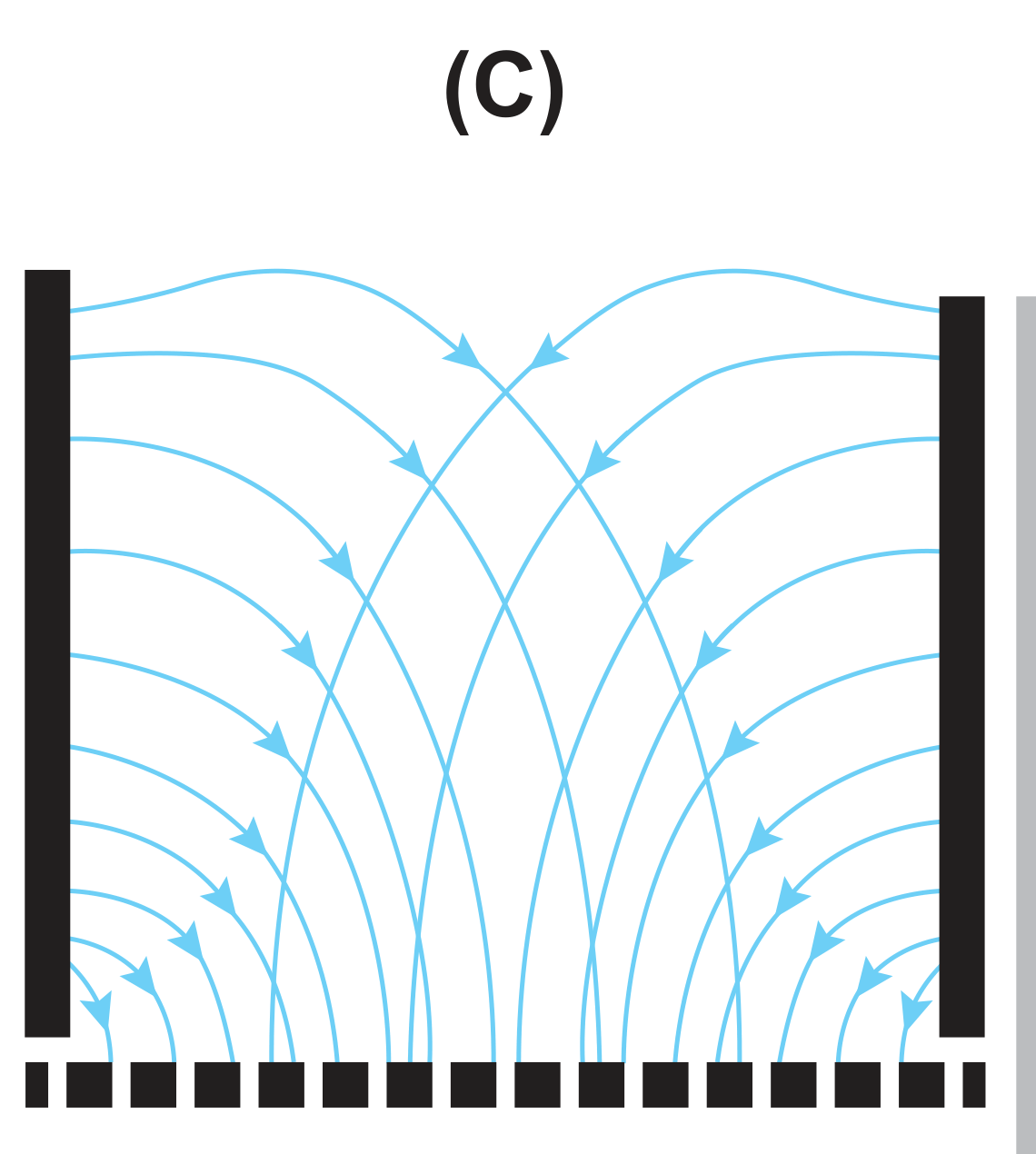 Diagrama (C): linhas de campo cruzando-se, sentido para a grelha