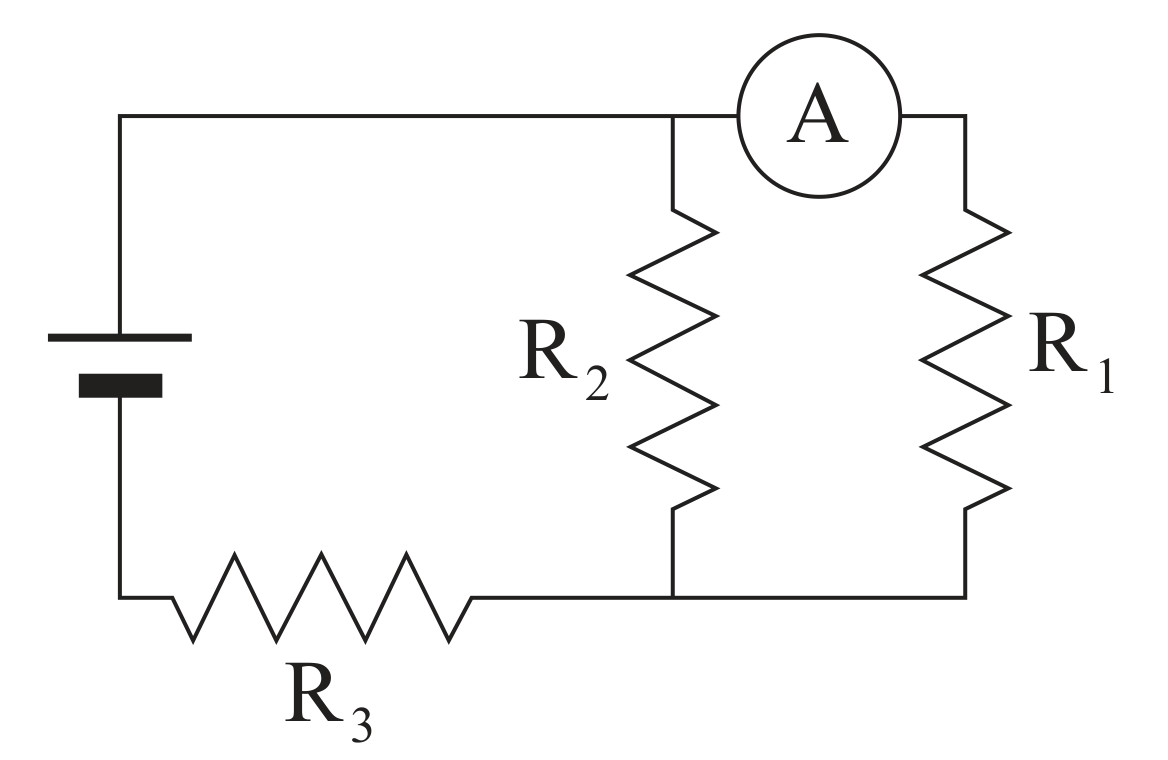Figura 5: circuito elétrico com uma pilha, R2 e o amperímetro em série num ramo, R1 noutro ramo em paralelo, e R3 em série com a pilha